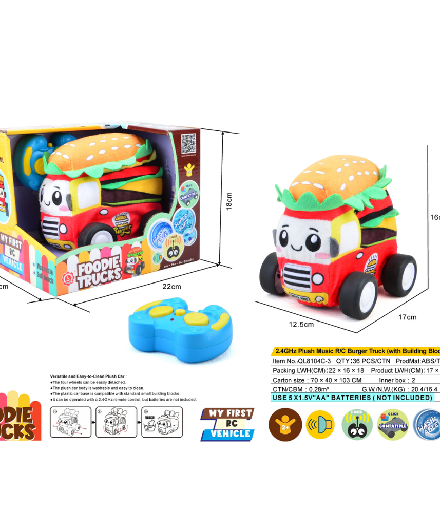 Burger Plush Car, Soft Remote Control Toy with Lights and Sounds, Fun Food-Themed Gift for Boys Aged 3+