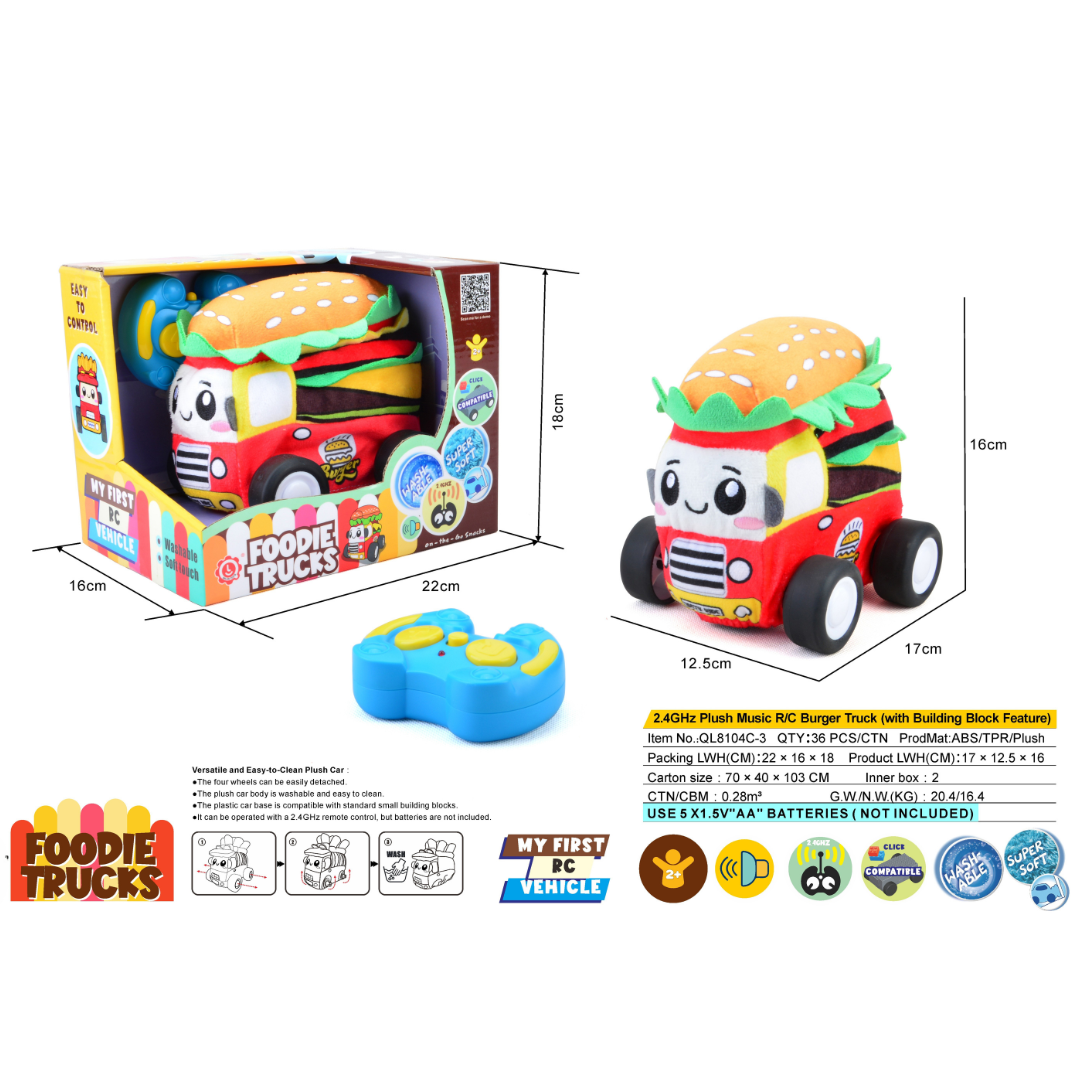 Burger Plush Car, Soft Remote Control Toy with Lights and Sounds, Fun Food-Themed Gift for Boys Aged 3+