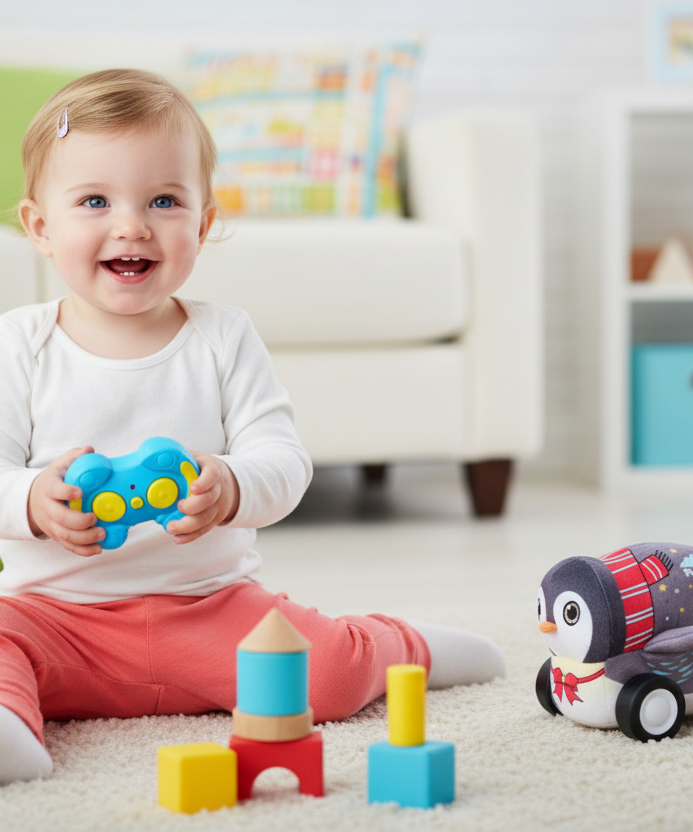 Penguin Plush Car, Soft Remote Control Toy with Lights and Sounds, Winter Fun Gift for Boys and Girls Aged 3+