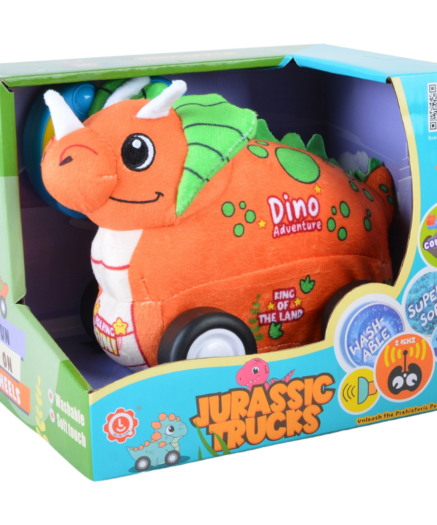 Triceratops Plush Car, Dinosaur Remote Control Toy with Lights and Sounds, Fun Prehistoric Gift for Boys Aged 3+