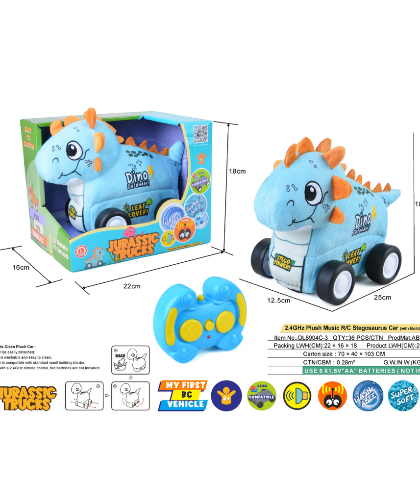 Stegosaurus Plush Car, Dinosaur Remote Control Toy with Lights and Sounds, Adventurous Gift for Boys Aged 3+
