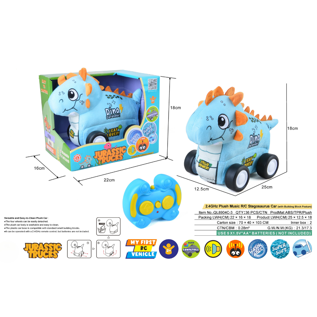 Stegosaurus Plush Car, Dinosaur Remote Control Toy with Lights and Sounds, Adventurous Gift for Boys Aged 3+