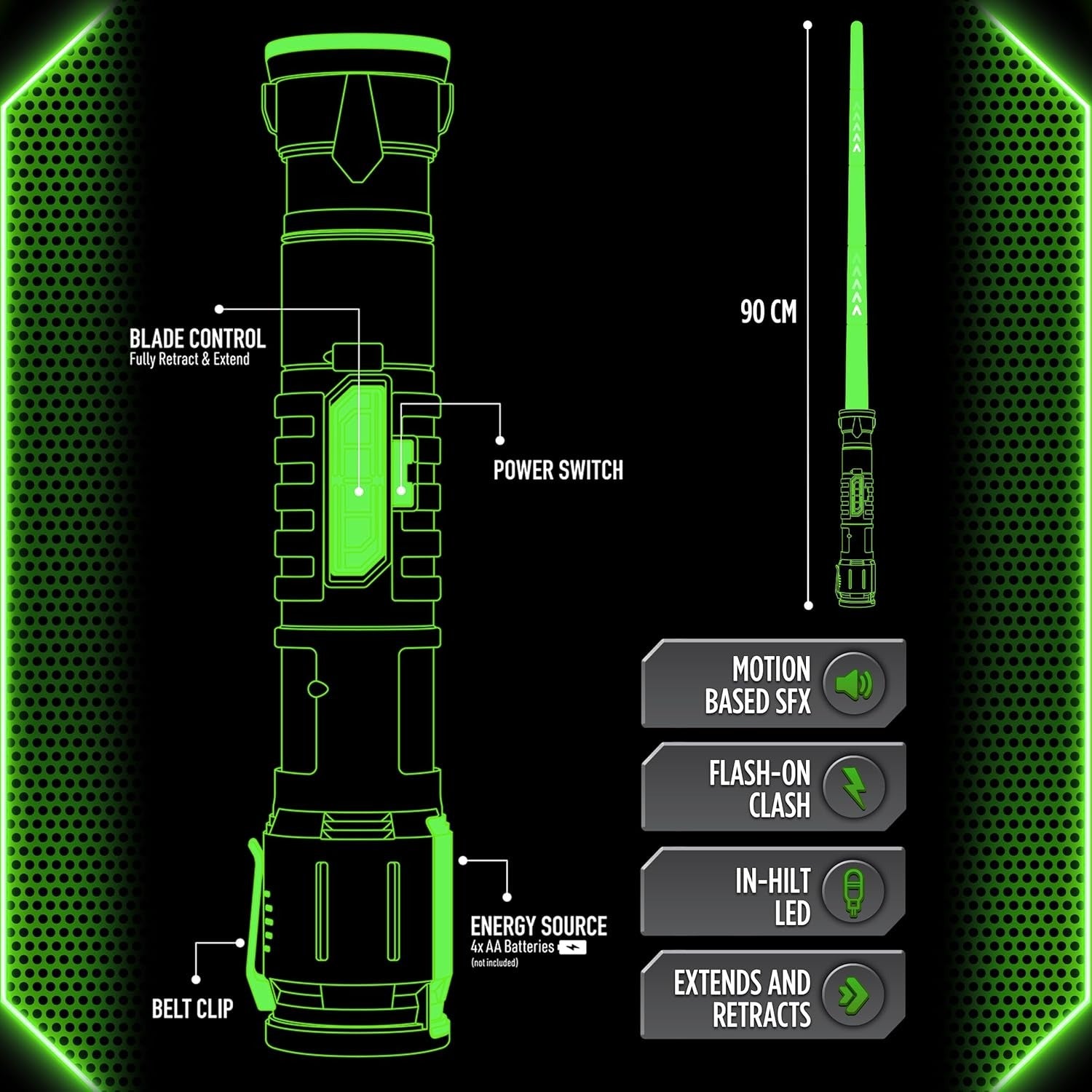 Power Saber Energy Blade Green, Light-Up Sword with Motion Sounds and Flash Effects, Exciting Role Play Toy for Kids Aged 6+