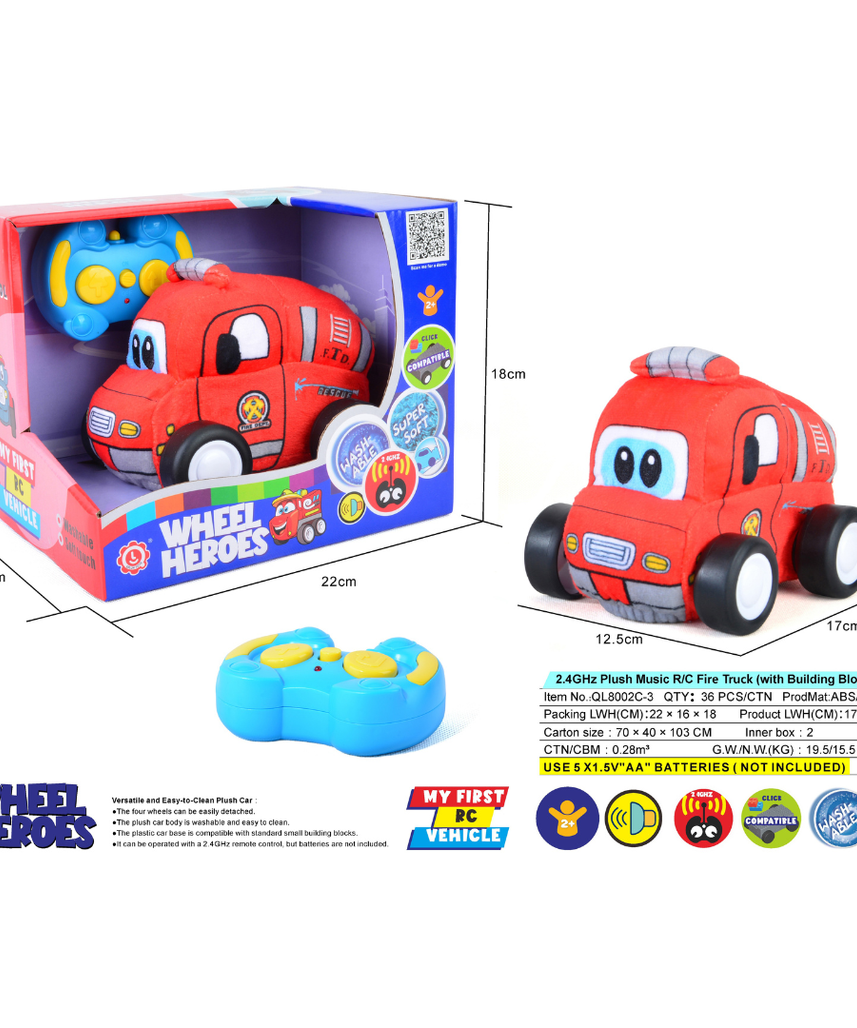 Fire Plush Car, Soft Remote Control Toy with Lights and Sounds, Fun Rescue Vehicle Gift for Boys Aged 3+