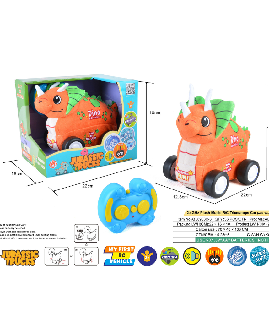 Triceratops Plush Car, Dinosaur Remote Control Toy with Lights and Sounds, Fun Prehistoric Gift for Boys Aged 3+
