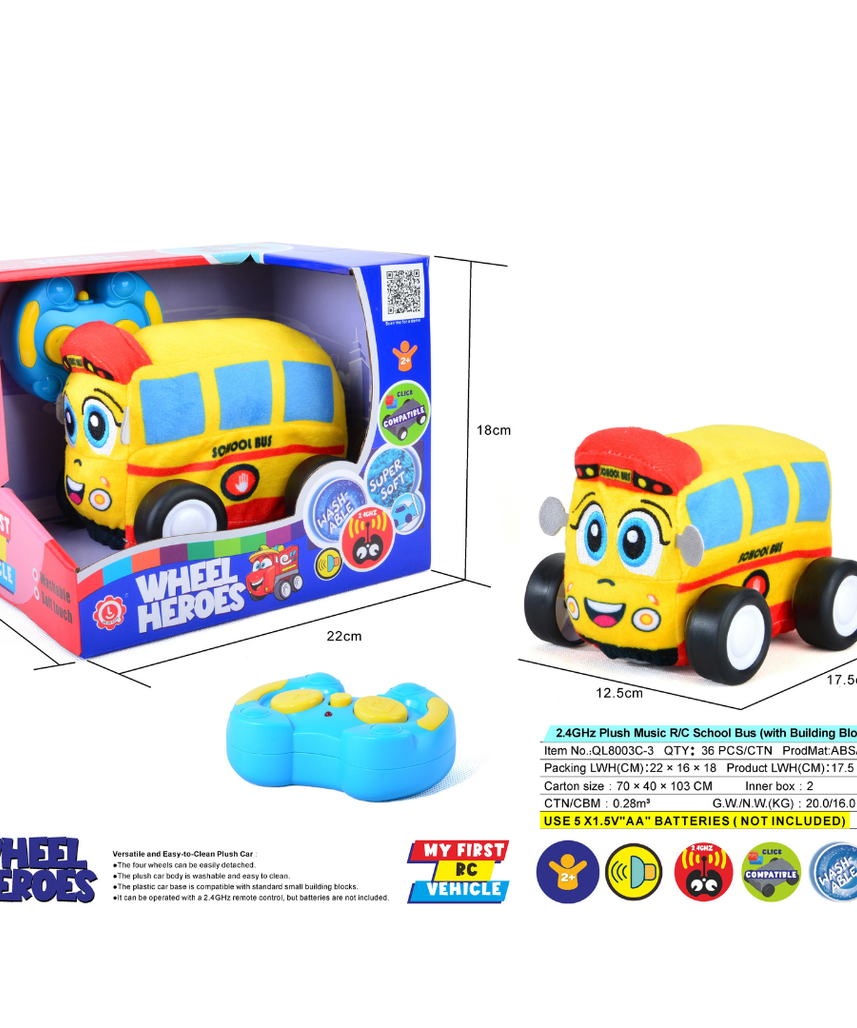 School Bus Plush Car, Soft Remote Control Toy with Lights and Sounds, Educational Playtime Gift for Kids Aged 3+