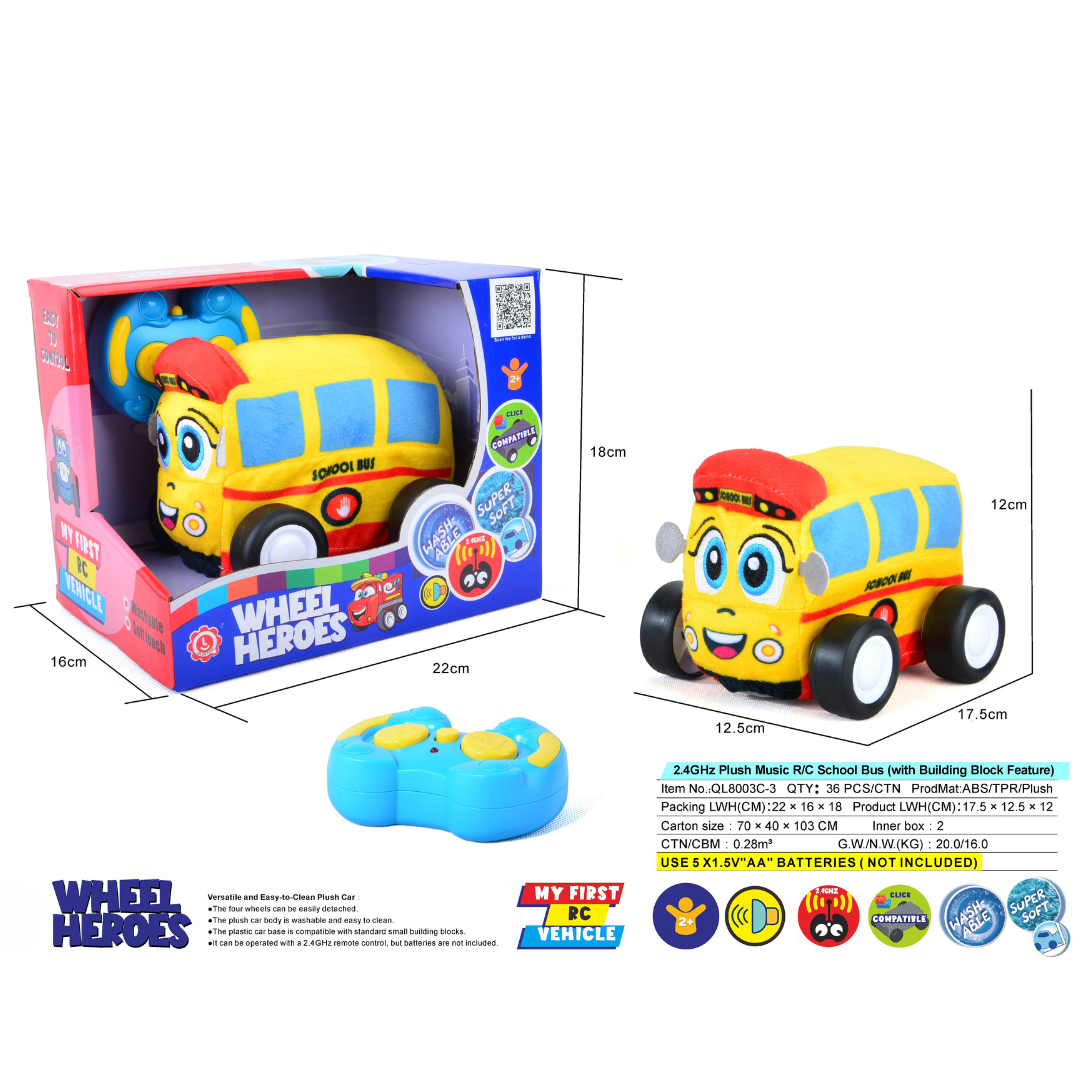 School Bus Plush Car, Soft Remote Control Toy with Lights and Sounds, Educational Playtime Gift for Kids Aged 3+