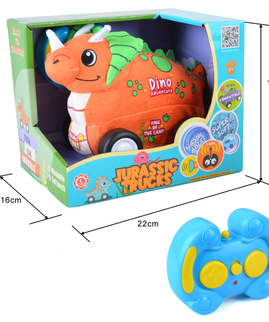 Triceratops Plush Car, Dinosaur Remote Control Toy with Lights and Sounds, Fun Prehistoric Gift for Boys Aged 3+