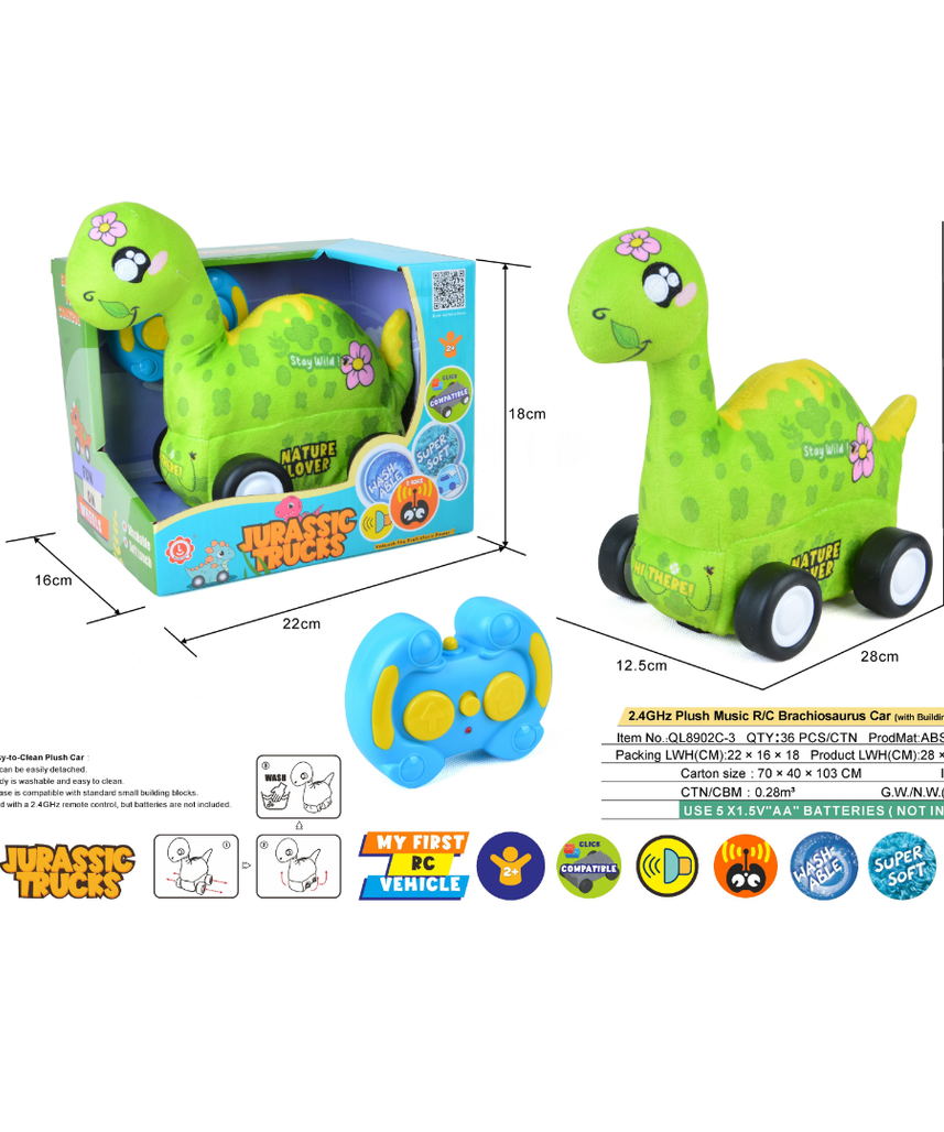 Diplodocus Plush Car, Dinosaur Remote Control Toy with Lights and Sounds, Educational Gift for Kids Aged 3+