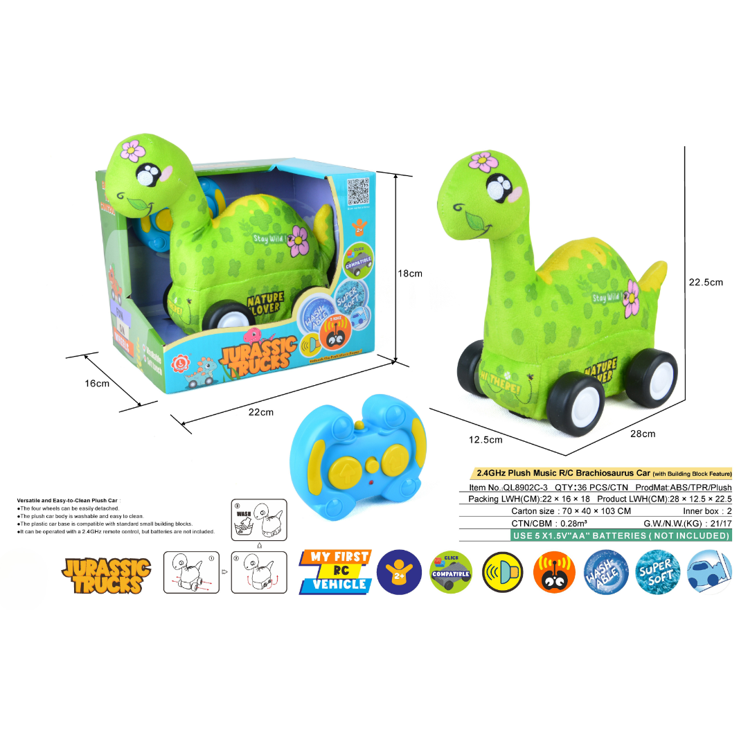 Diplodocus Plush Car, Dinosaur Remote Control Toy with Lights and Sounds, Educational Gift for Kids Aged 3+