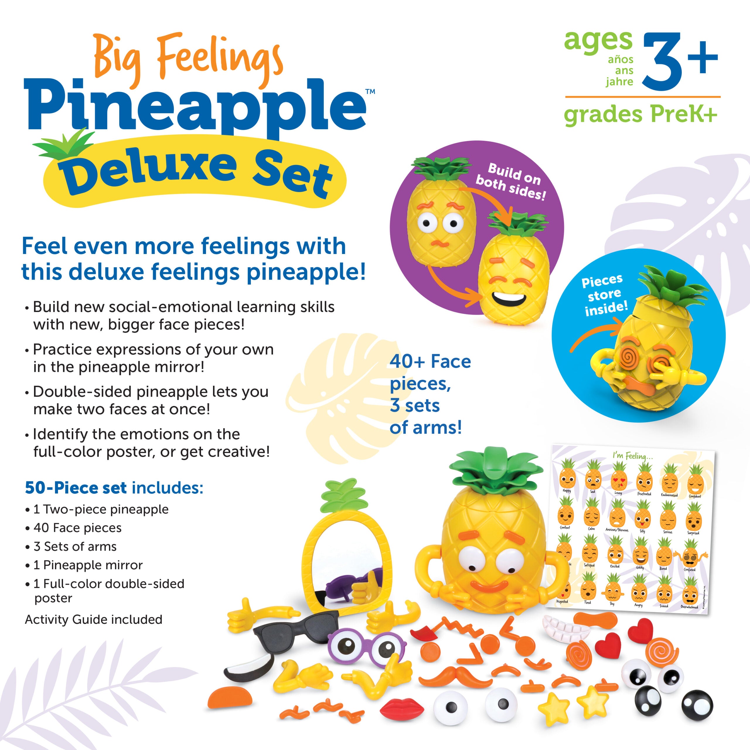 Learning Resources Big Feelings Pineapple Deluxe Set, Social Emotional Learning Toy for Kids, 50-Piece SEL Activity Set with Double-Sided Pineapple, Face Pieces & Mirror, Ages 3+
