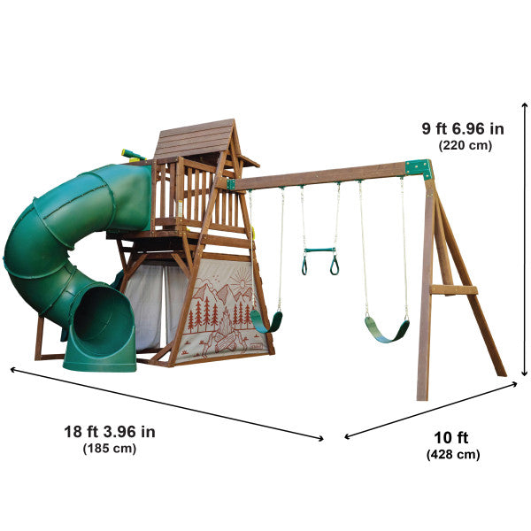 KidKraft Ranger Retreat Wooden Swing Set with Tent, Tube Slide and 3 Swings, Outdoor Playset for Kids Ages 3 to 10, Rock Wall Climbing, Crow’s Nest and Acrobar, Durable Wood Construction