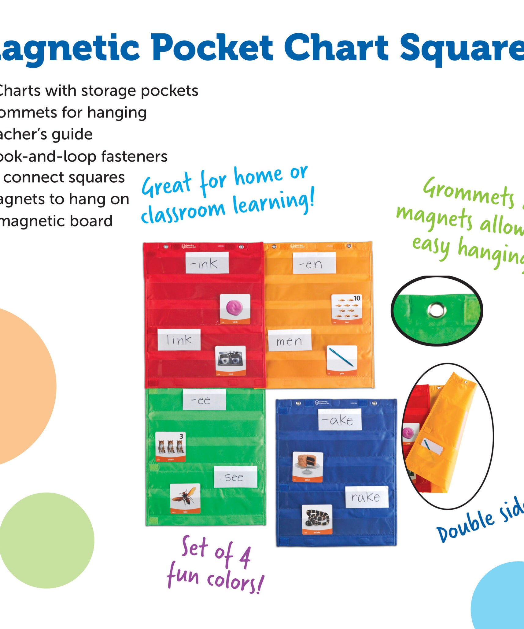 Learning Resources Magnetic Pocket Chart Squares (Set of 4), Versatile Classroom Storage & Display Solution, Magnetic or Grommet Hanging, Front & Back Pockets