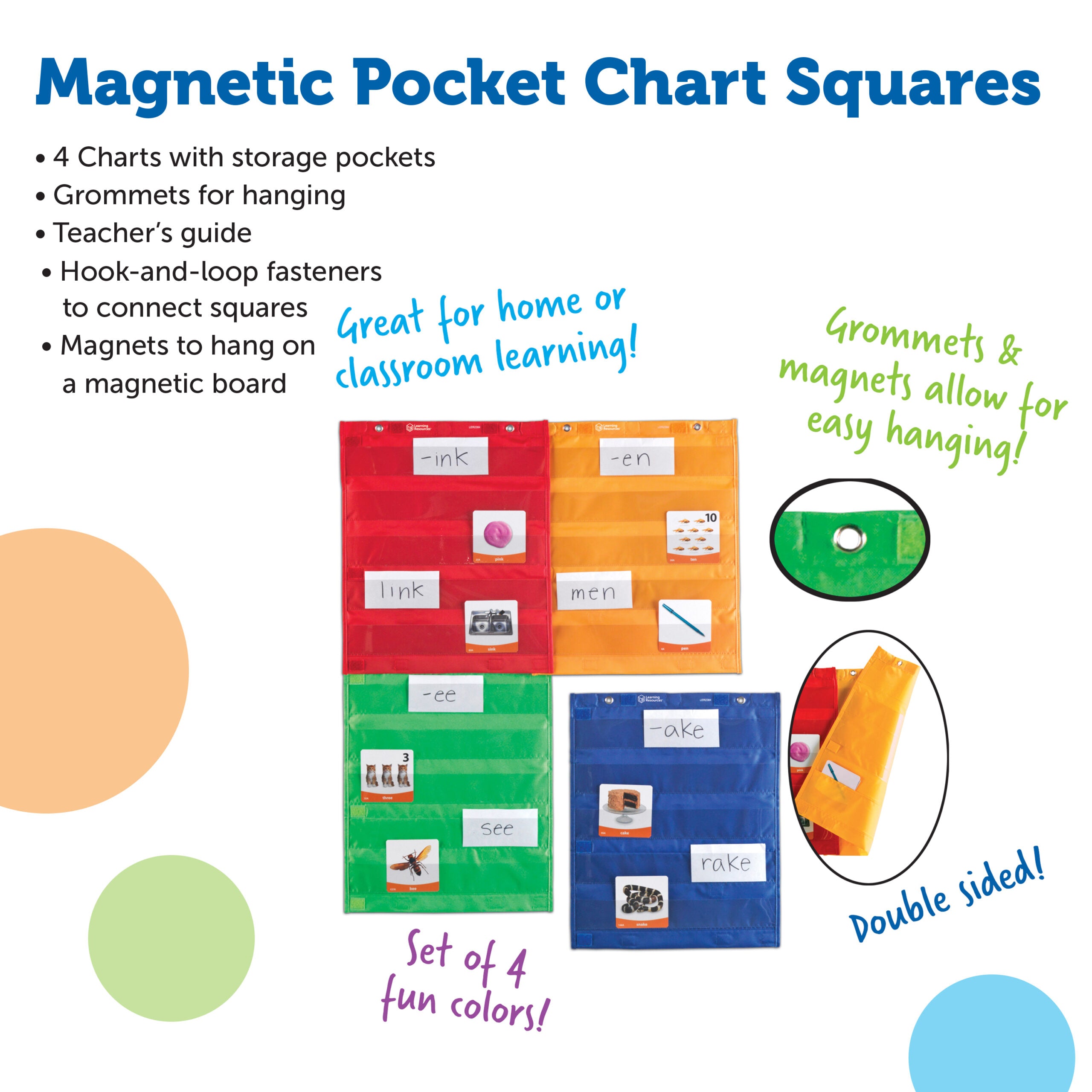 Learning Resources Magnetic Pocket Chart Squares (Set of 4), Versatile Classroom Storage & Display Solution, Magnetic or Grommet Hanging, Front & Back Pockets