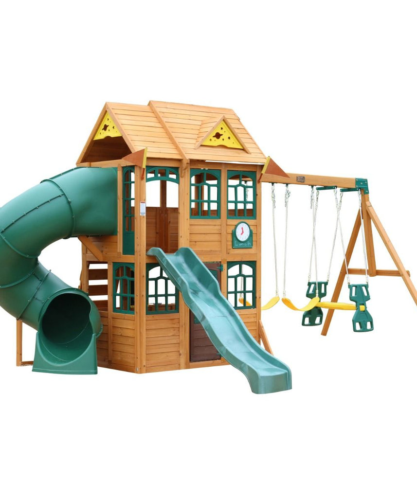 KidKraft Charleston Lodge Wooden Swing Set / Playset – Outdoor Playhouse with Slides, Swings, Rock Wall and Clubhouse, Age 3-10