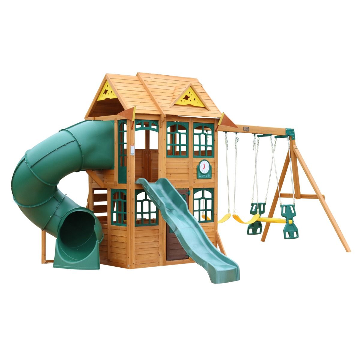 KidKraft Charleston Lodge Wooden Swing Set / Playset – Outdoor Playhouse with Slides, Swings, Rock Wall and Clubhouse, Age 3-10