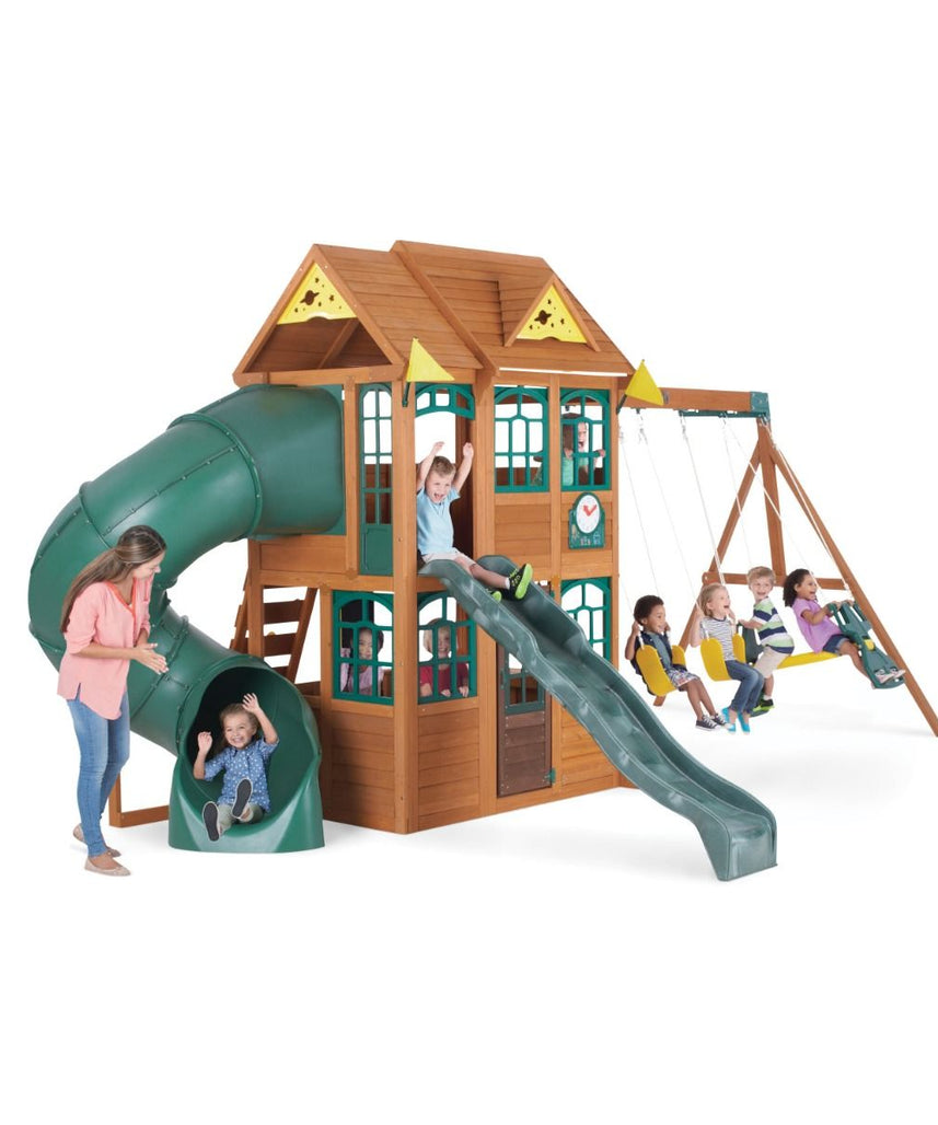 KidKraft Charleston Lodge Wooden Swing Set / Playset – Outdoor Playhouse with Slides, Swings, Rock Wall and Clubhouse, Age 3-10