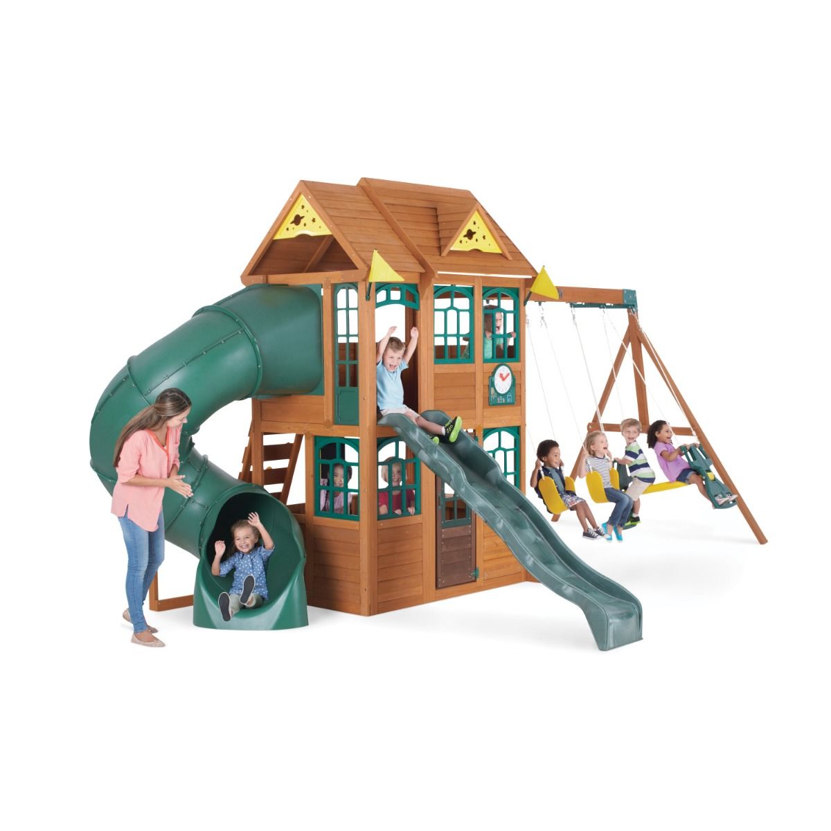 KidKraft Charleston Lodge Wooden Swing Set / Playset – Outdoor Playhouse with Slides, Swings, Rock Wall and Clubhouse, Age 3-10