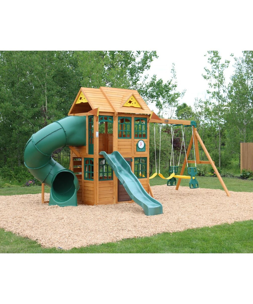 KidKraft Charleston Lodge Wooden Swing Set / Playset – Outdoor Playhouse with Slides, Swings, Rock Wall and Clubhouse, Age 3-10