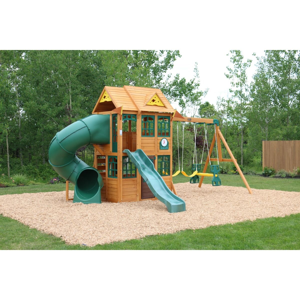 KidKraft Charleston Lodge Wooden Swing Set / Playset – Outdoor Playhouse with Slides, Swings, Rock Wall and Clubhouse, Age 3-10