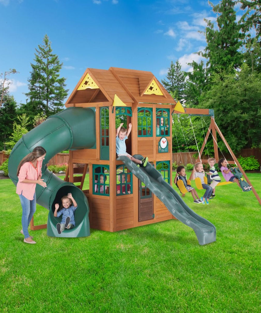 KidKraft Charleston Lodge Wooden Swing Set / Playset – Outdoor Playhouse with Slides, Swings, Rock Wall and Clubhouse, Age 3-10