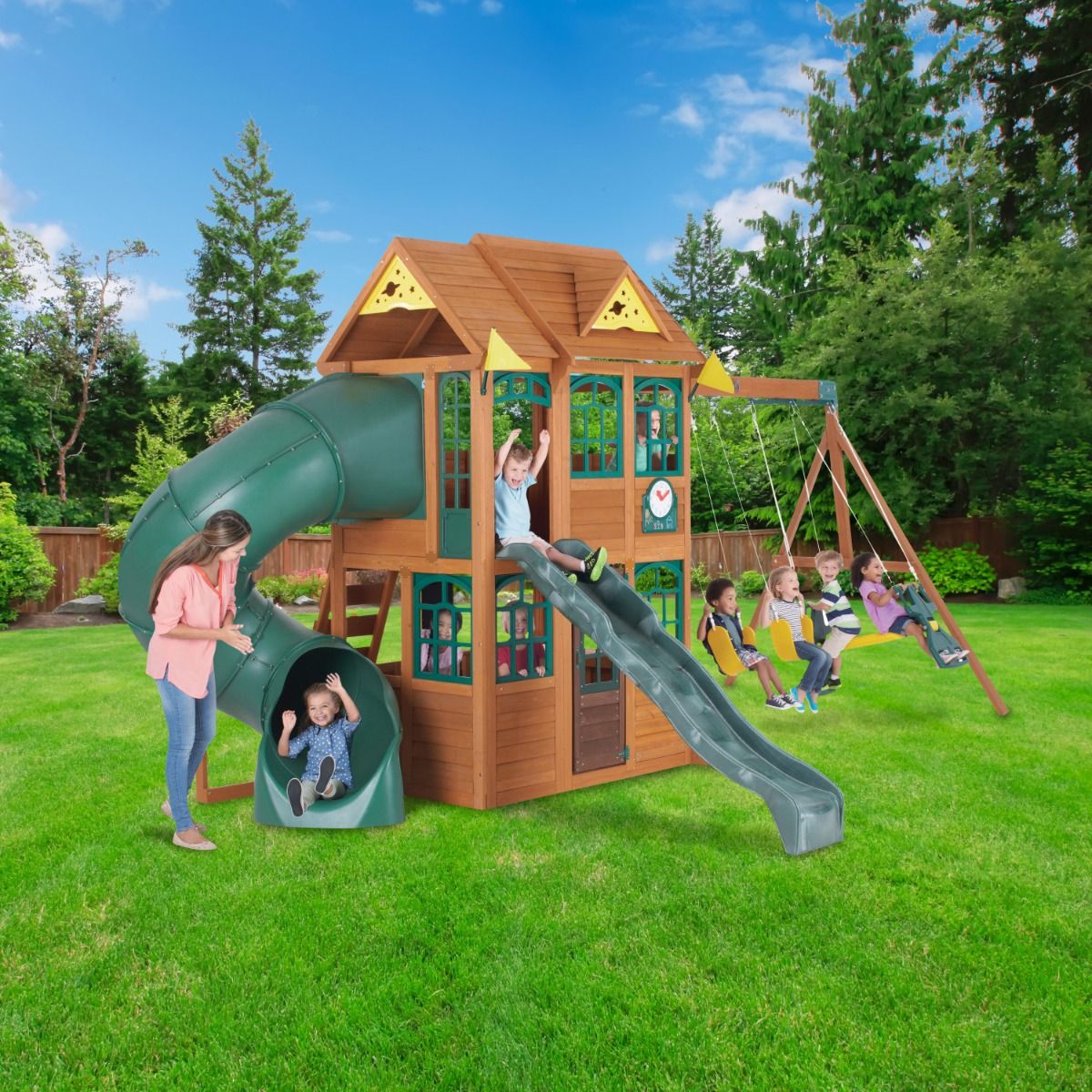 KidKraft Charleston Lodge Wooden Swing Set / Playset – Outdoor Playhouse with Slides, Swings, Rock Wall and Clubhouse, Age 3-10
