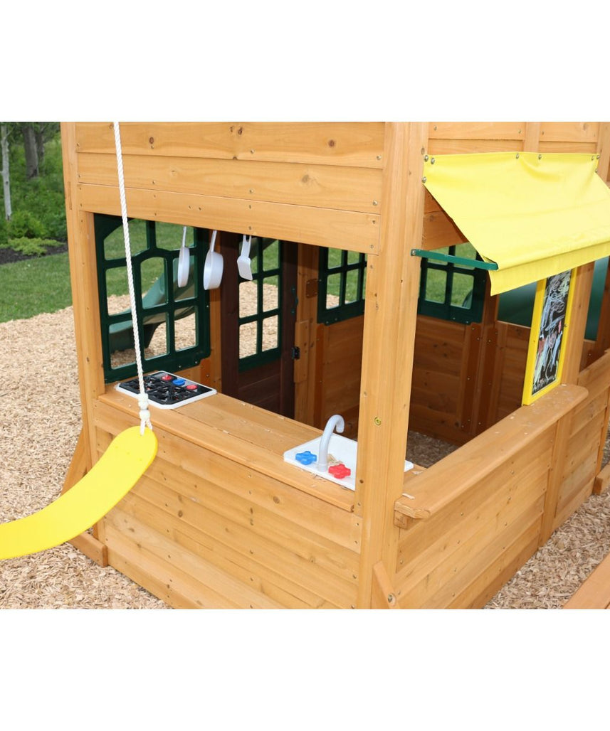 KidKraft Charleston Lodge Wooden Swing Set / Playset – Outdoor Playhouse with Slides, Swings, Rock Wall and Clubhouse, Age 3-10
