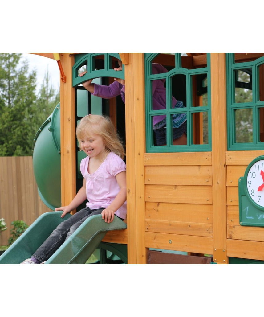 KidKraft Charleston Lodge Wooden Swing Set / Playset – Outdoor Playhouse with Slides, Swings, Rock Wall and Clubhouse, Age 3-10