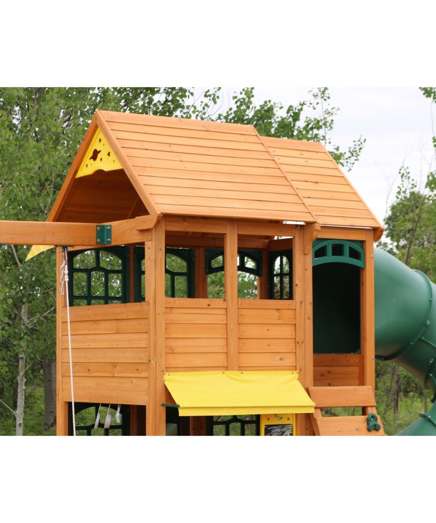 KidKraft Charleston Lodge Wooden Swing Set / Playset – Outdoor Playhouse with Slides, Swings, Rock Wall and Clubhouse, Age 3-10
