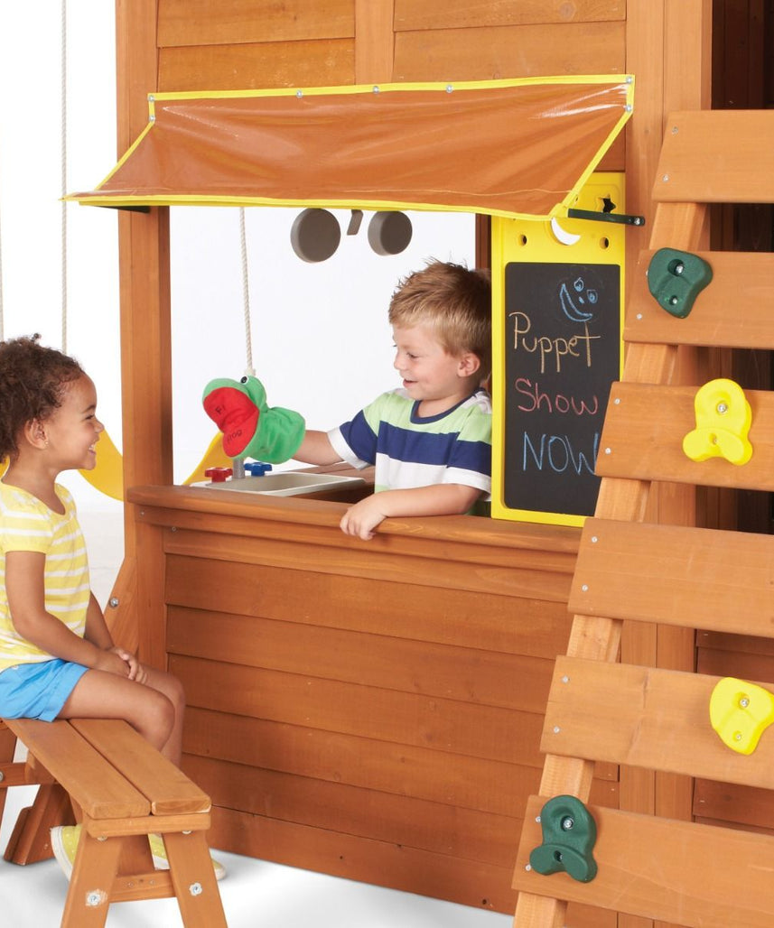 KidKraft Charleston Lodge Wooden Swing Set / Playset – Outdoor Playhouse with Slides, Swings, Rock Wall and Clubhouse, Age 3-10