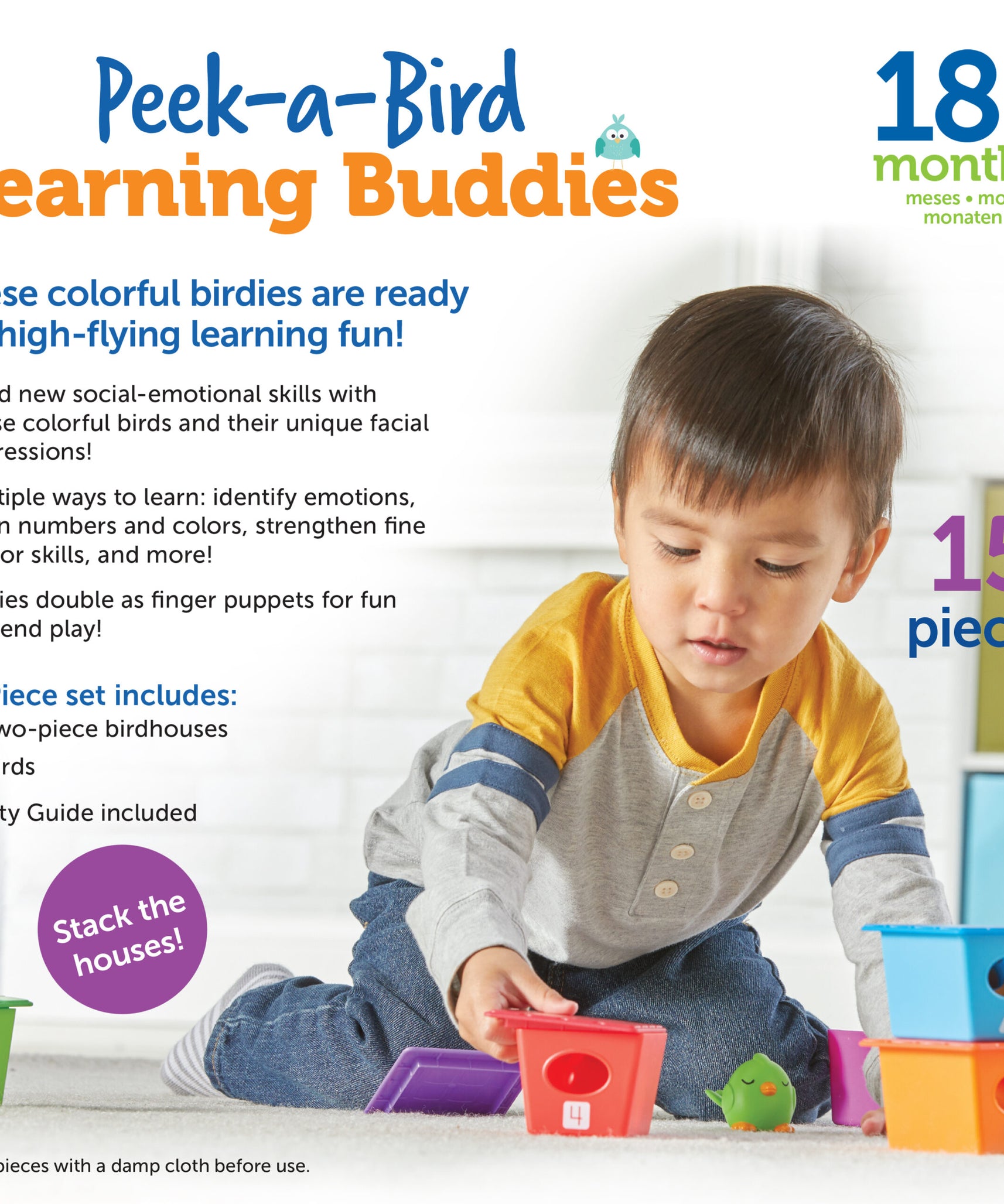 موارد التعلم Peek-a-Bird Learning Buddies، لعبة تعليمية للأطفال الصغار تحتوي على 5 دمى أصابع للطيور وبيوت طيور مرقمة، تُعلّم الألوان والعد والعواطف والمهارات الحركية الدقيقة، للأعمار من 18 شهرًا فما فوق