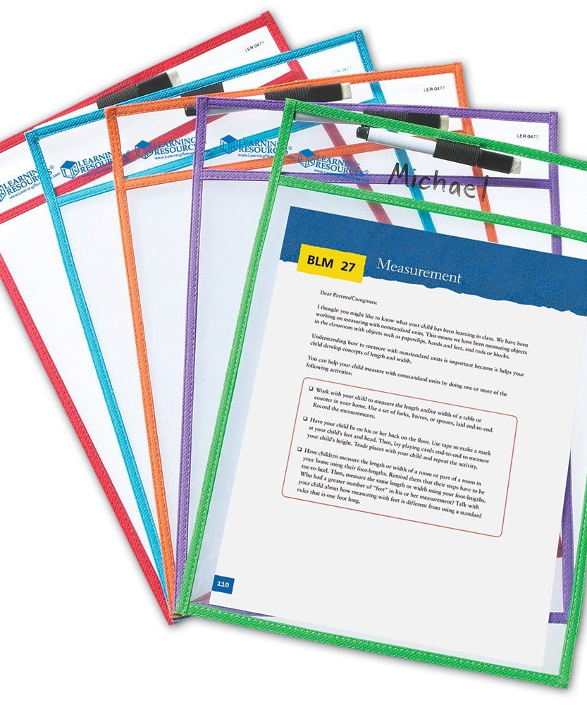 Learning Resources Write & Wipe Pockets (Set of 5), Reusable Clear Dry-Erase Pockets, Includes 5 Dry-Erase Markers with Erasers, Environmentally Friendly, Holds Up to A4 Paper, Multi-Color Set, Ideal for Ages 3+