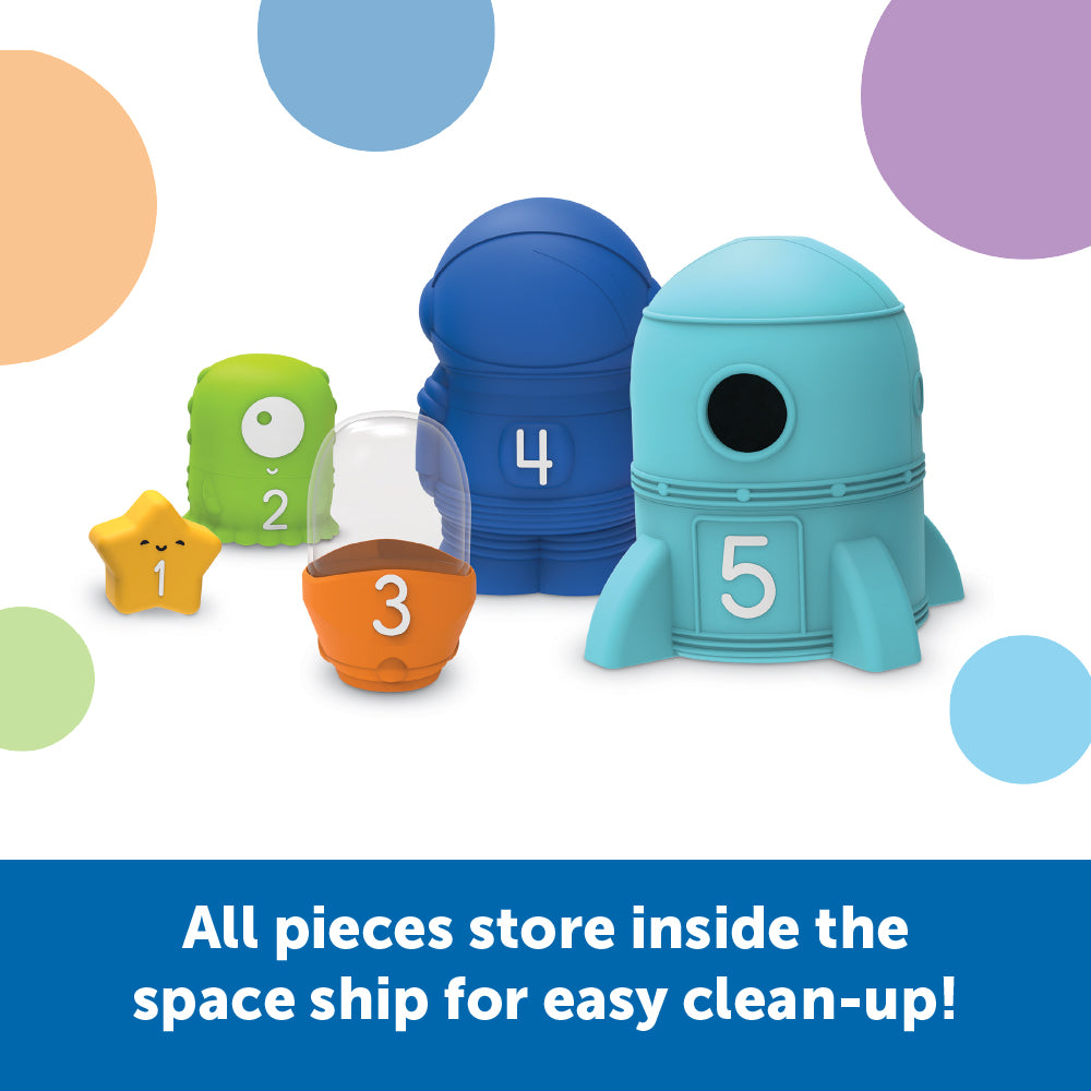 مجموعة ألعاب Nesting Space Surprise من Learning Resources، وهي مجموعة ألعاب Nesting مرقمة مع صاروخ ورائد فضاء والمزيد، وهي لعبة لتطوير المهارات الحركية الدقيقة والعد للأطفال الصغار من سن 18 شهرًا فما فوق