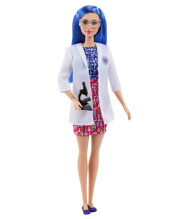 دمية عالمة باربي بطول 12 بوصة مع شعر أزرق اللون وفستان ومعطف مختبر وإكسسوار مجهر للأطفال من سن 3 سنوات فما فوق