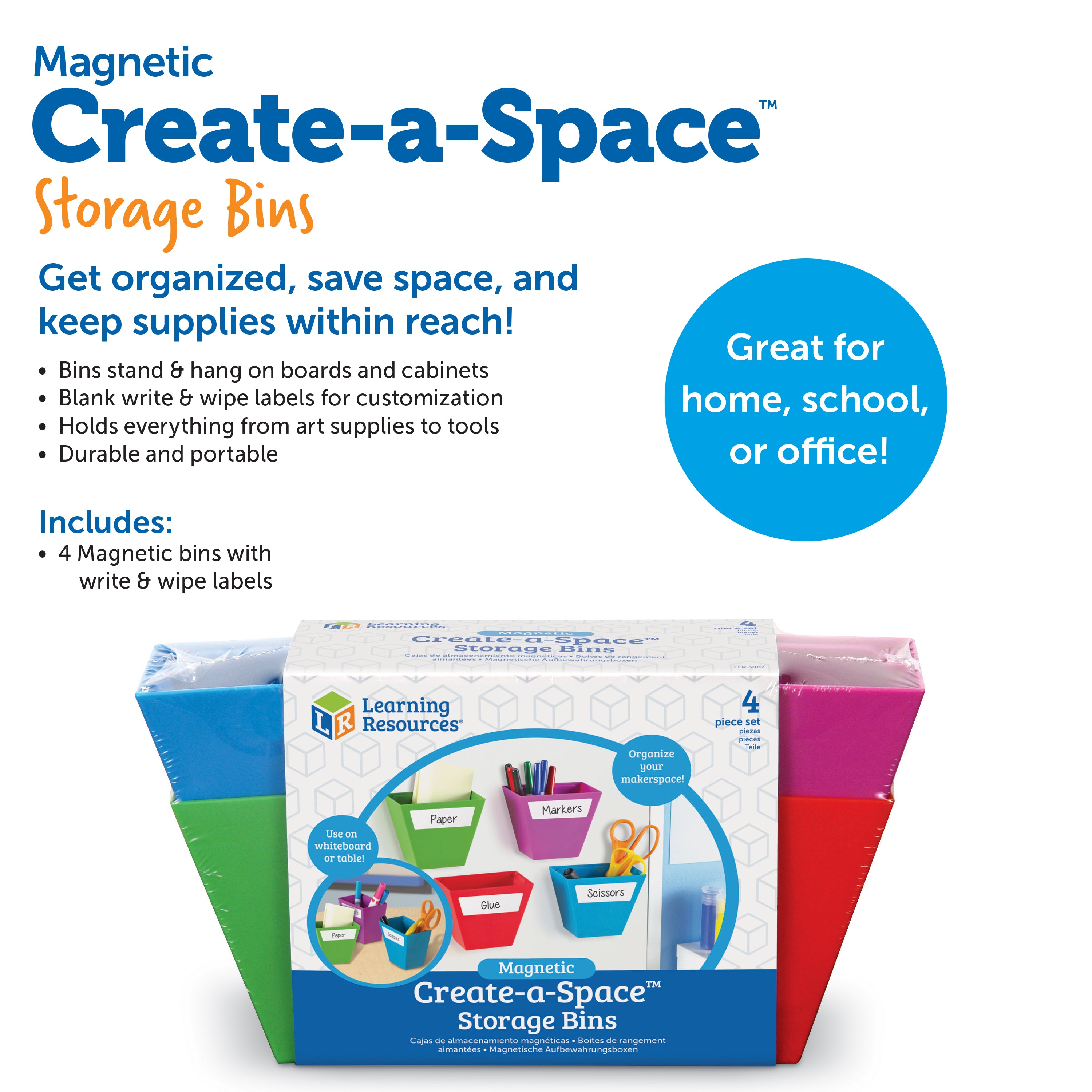 Learning Resources Magnetic Create-a-Space Storage Bins (Set of 4), Vibrant, Multi-Compartment Organizers for Classroom, Office, or Homework Station, Includes Wipe-Clean Labels (9cm x 5cm Each)