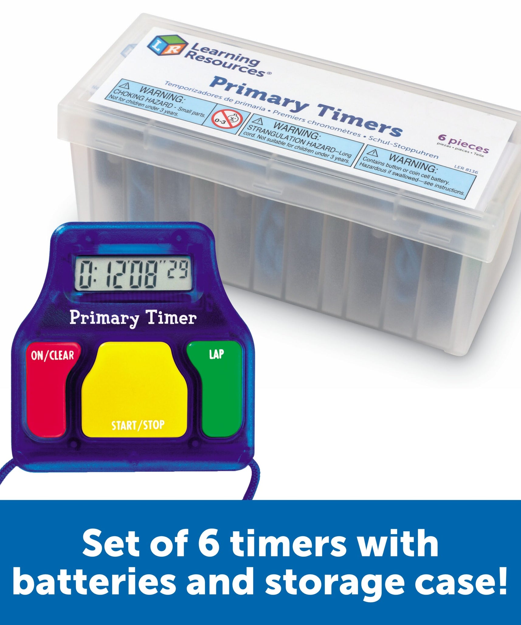 مؤقتات تعليمية أساسية (مجموعة من 6)، ساعة إيقاف سهلة الاستخدام مع وظيفة اللفة، تتضمن حبل أمان وحقيبة تخزين، بطارية زر 1.5 فولت، للأعمار من 3 سنوات فما فوق