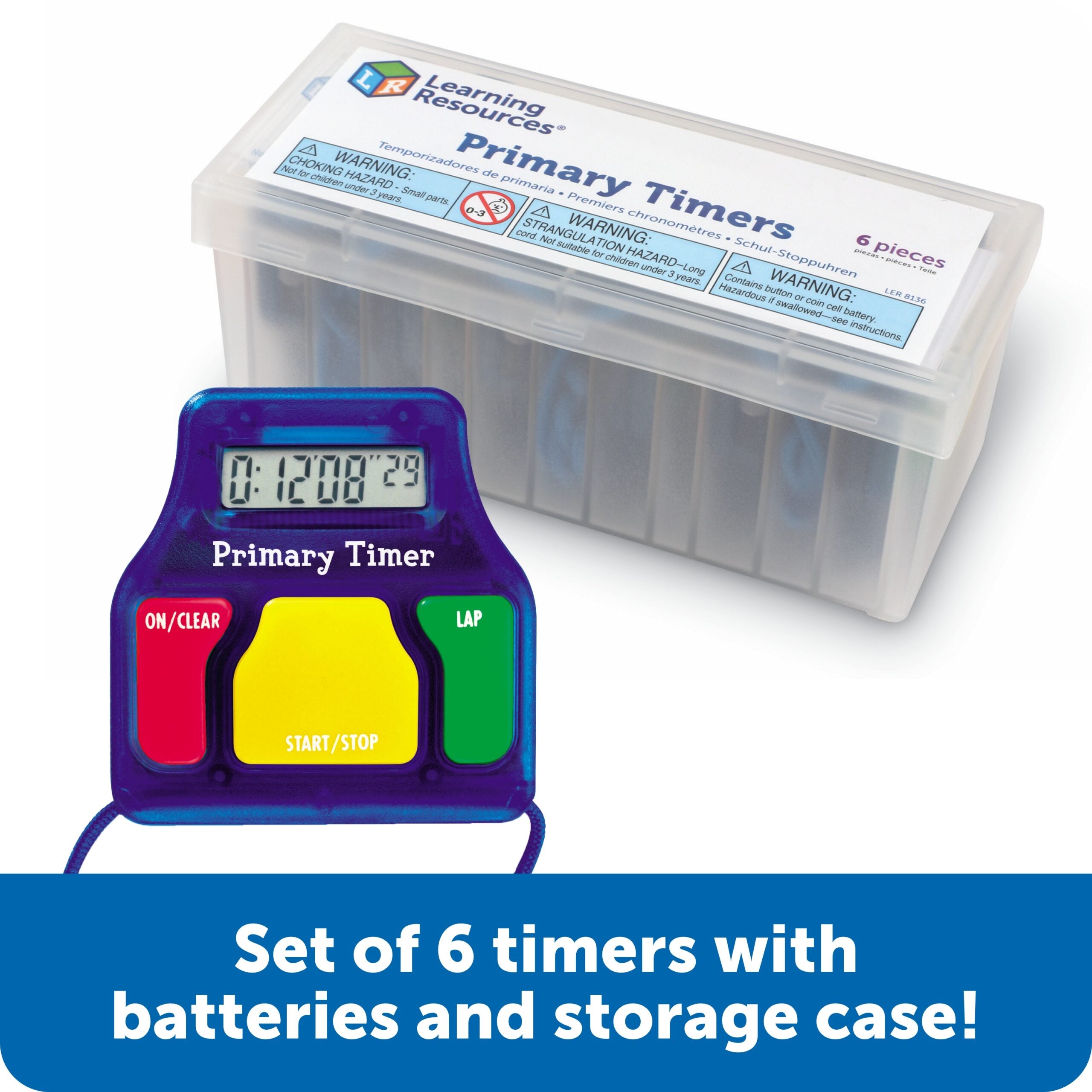 مؤقتات تعليمية أساسية (مجموعة من 6)، ساعة إيقاف سهلة الاستخدام مع وظيفة اللفة، تتضمن حبل أمان وحقيبة تخزين، بطارية زر 1.5 فولت، للأعمار من 3 سنوات فما فوق