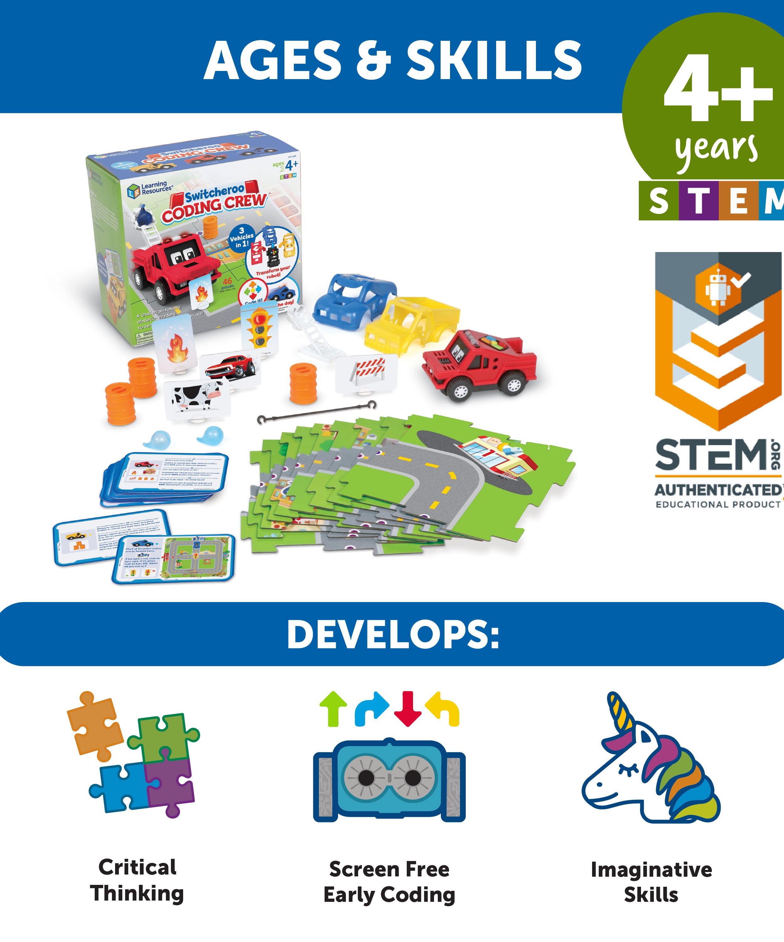 Learning Resources Switcheroo Coding Crew, 3-in-1 Screen-Free Coding Robot for Kids, Preschool STEM Toy with Interchangeable Vehicle Shells and Rescue Missions, Ages 4+