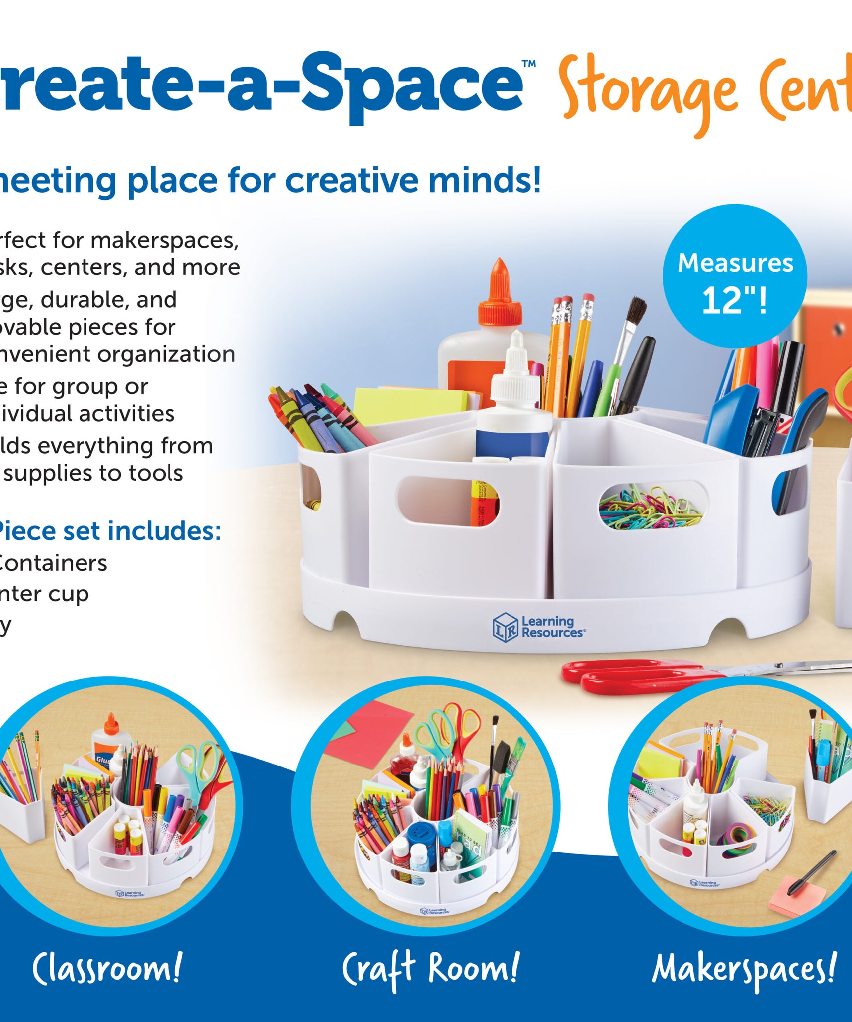 Learning Resources Create-a-Space Storage Centre, White, Rotating Desk Organizer with 8 Removable Containers, Classroom and Home Office Storage Solution