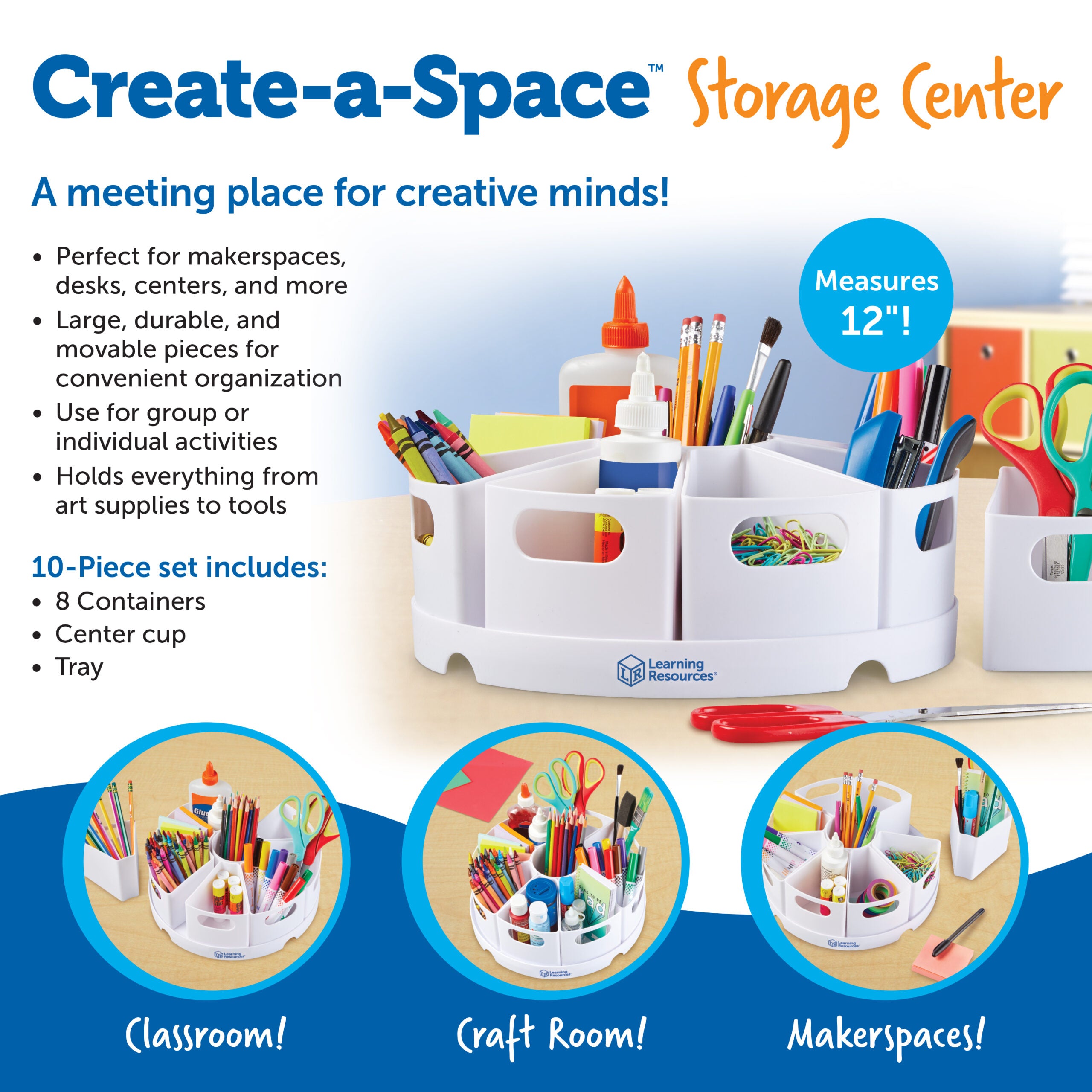 Learning Resources Create-a-Space Storage Centre, White, Rotating Desk Organizer with 8 Removable Containers, Classroom and Home Office Storage Solution