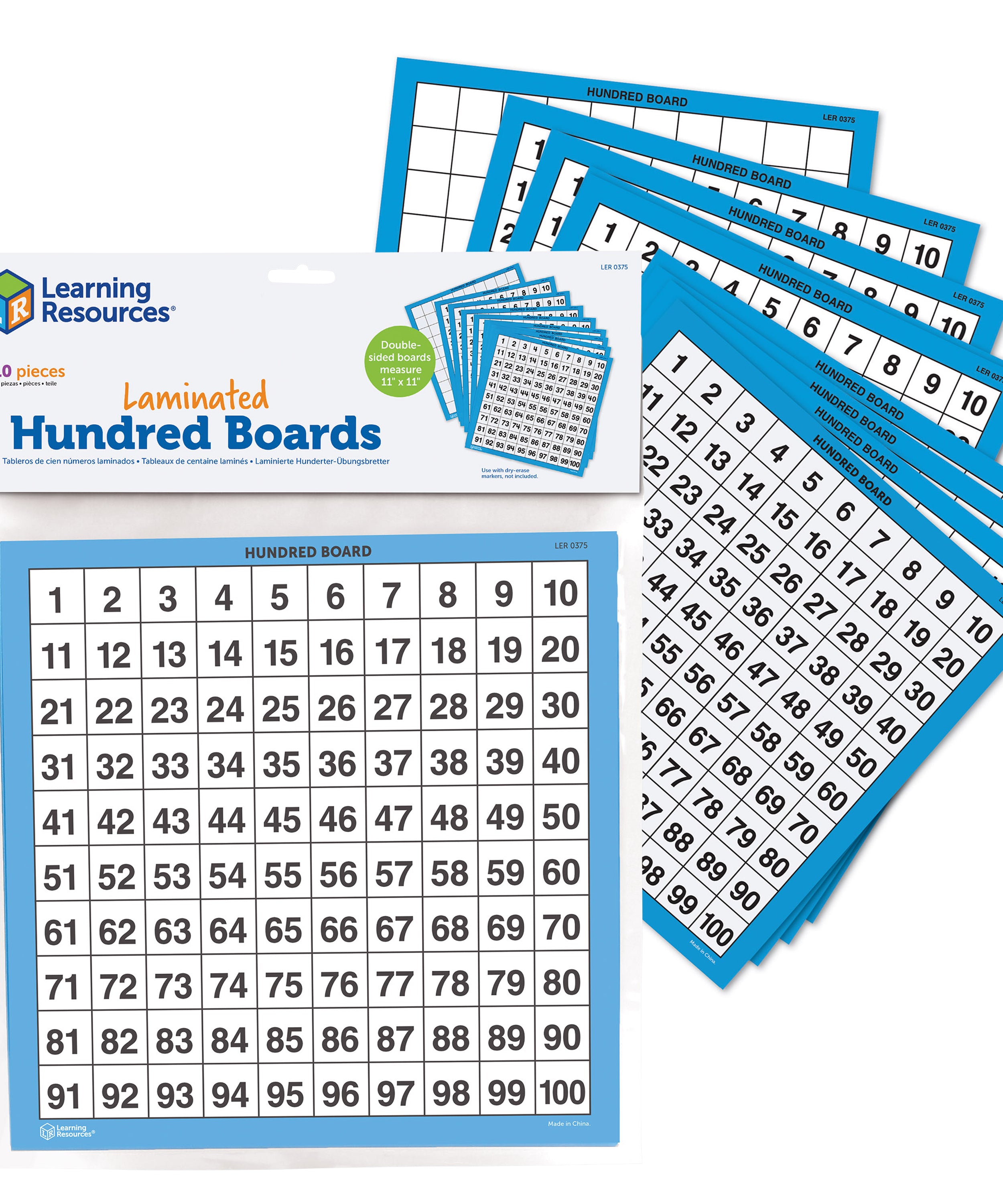 Learning Resources Laminated Hundred Boards, Set of 10 Double-Sided Dry-Erase Grids, 1â100 Counting Aid for Kids, Ages 5+