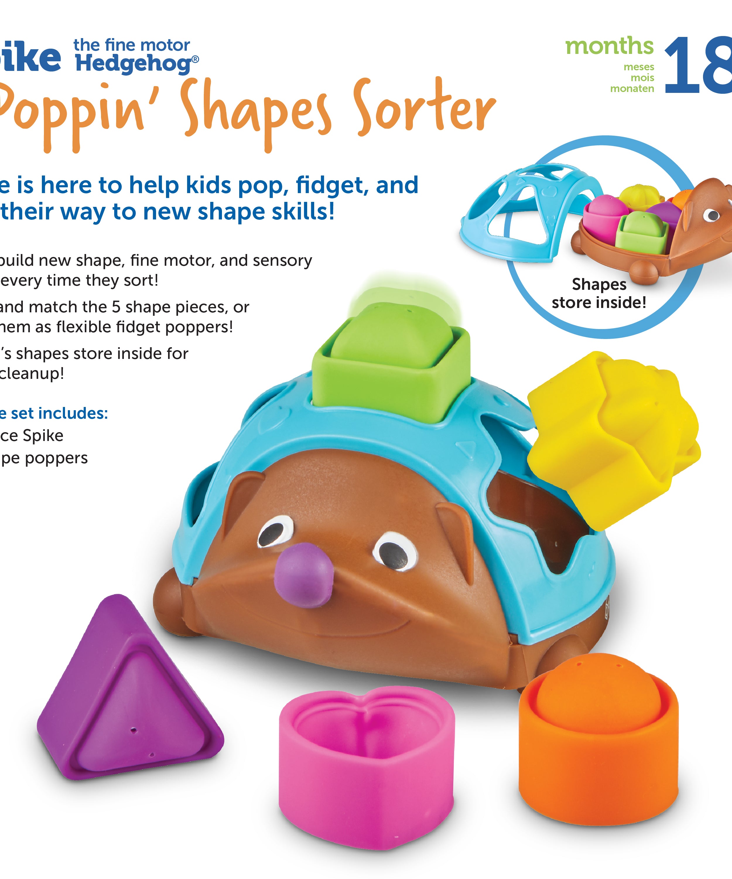 Learning Resources Spike The Fine Motor Hedgehog Poppinâ Shapes Sorter, 7-Piece Shape Sorting & Fidget Toy for Toddlers, Develops Fine Motor, Colour & Sensory Skills, Ages 18 Months+