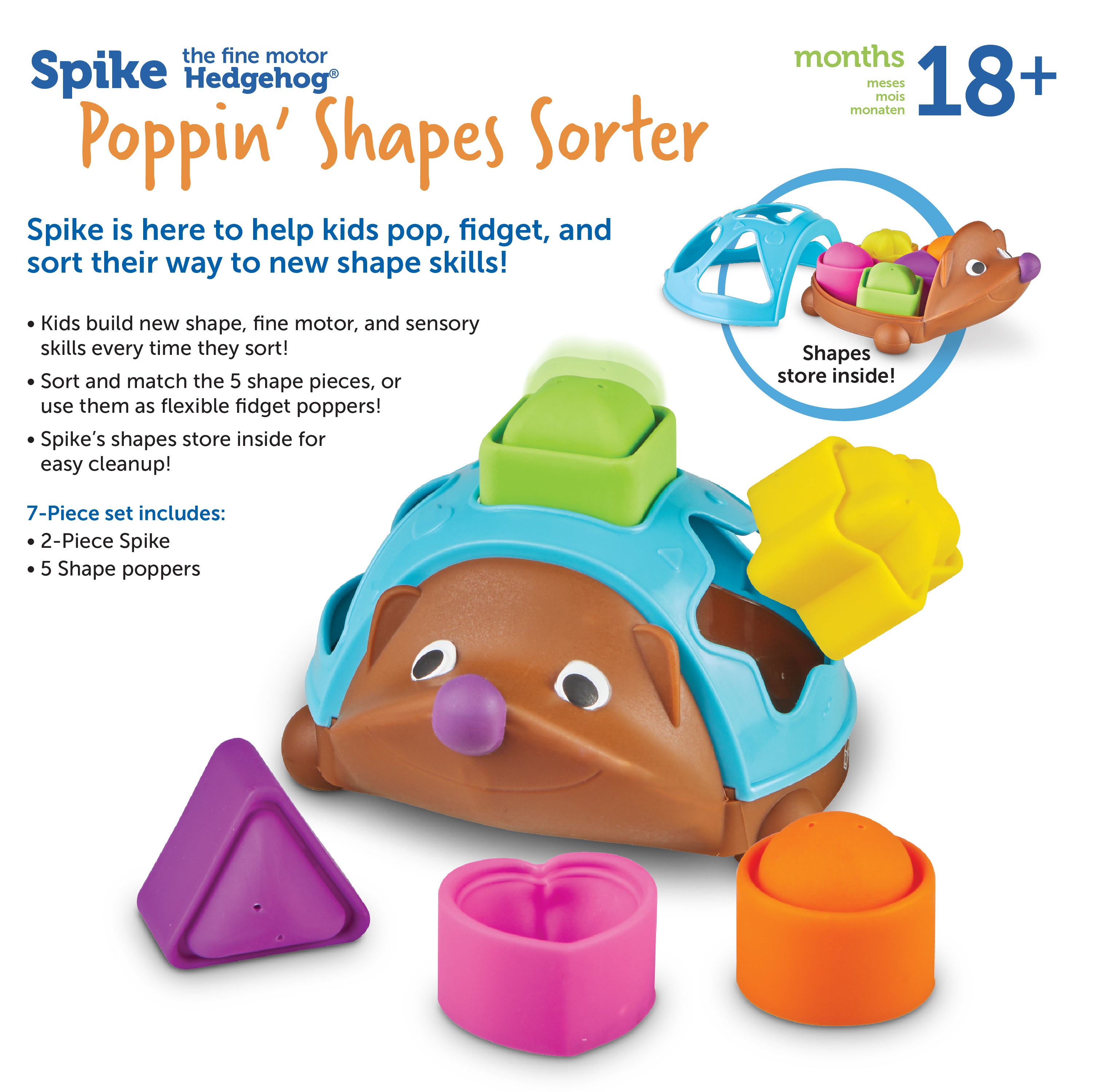 Learning Resources Spike The Fine Motor Hedgehog Poppinâ Shapes Sorter, 7-Piece Shape Sorting & Fidget Toy for Toddlers, Develops Fine Motor, Colour & Sensory Skills, Ages 18 Months+