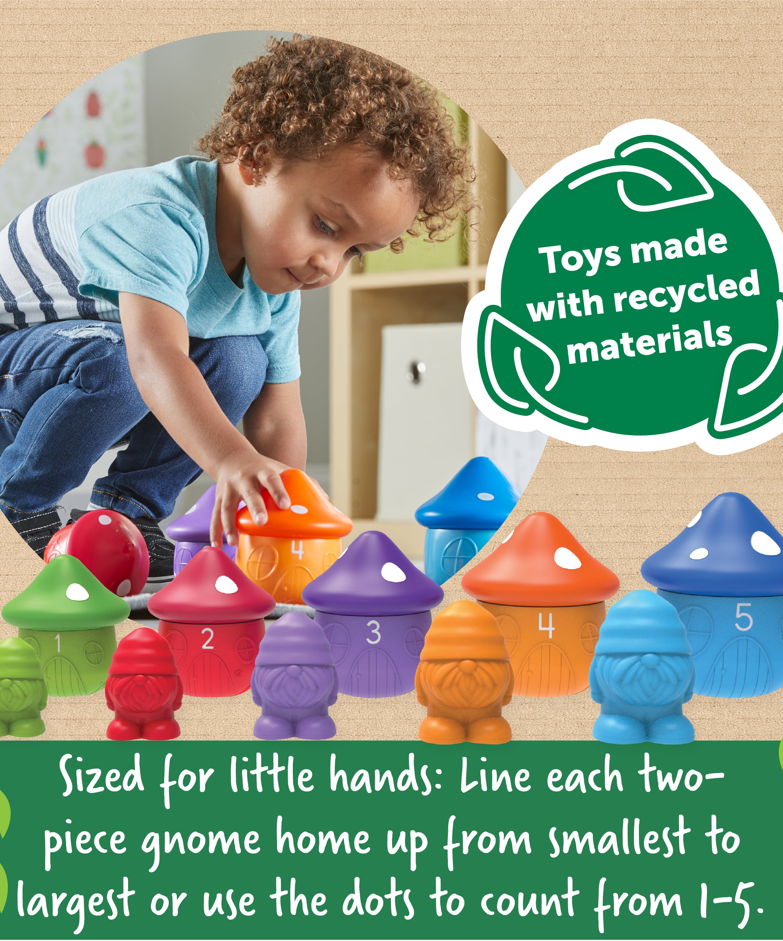 مجموعة ألعاب Peekaboo Gnome Homes، للتلوين والعد وتنمية المهارات الحركية الدقيقة، مع 5 تماثيل قزم ومنازل من فطر عيش الغراب، لعبة تعليمية مستدامة للأطفال الصغار من عمر 18 شهرًا فما فوق