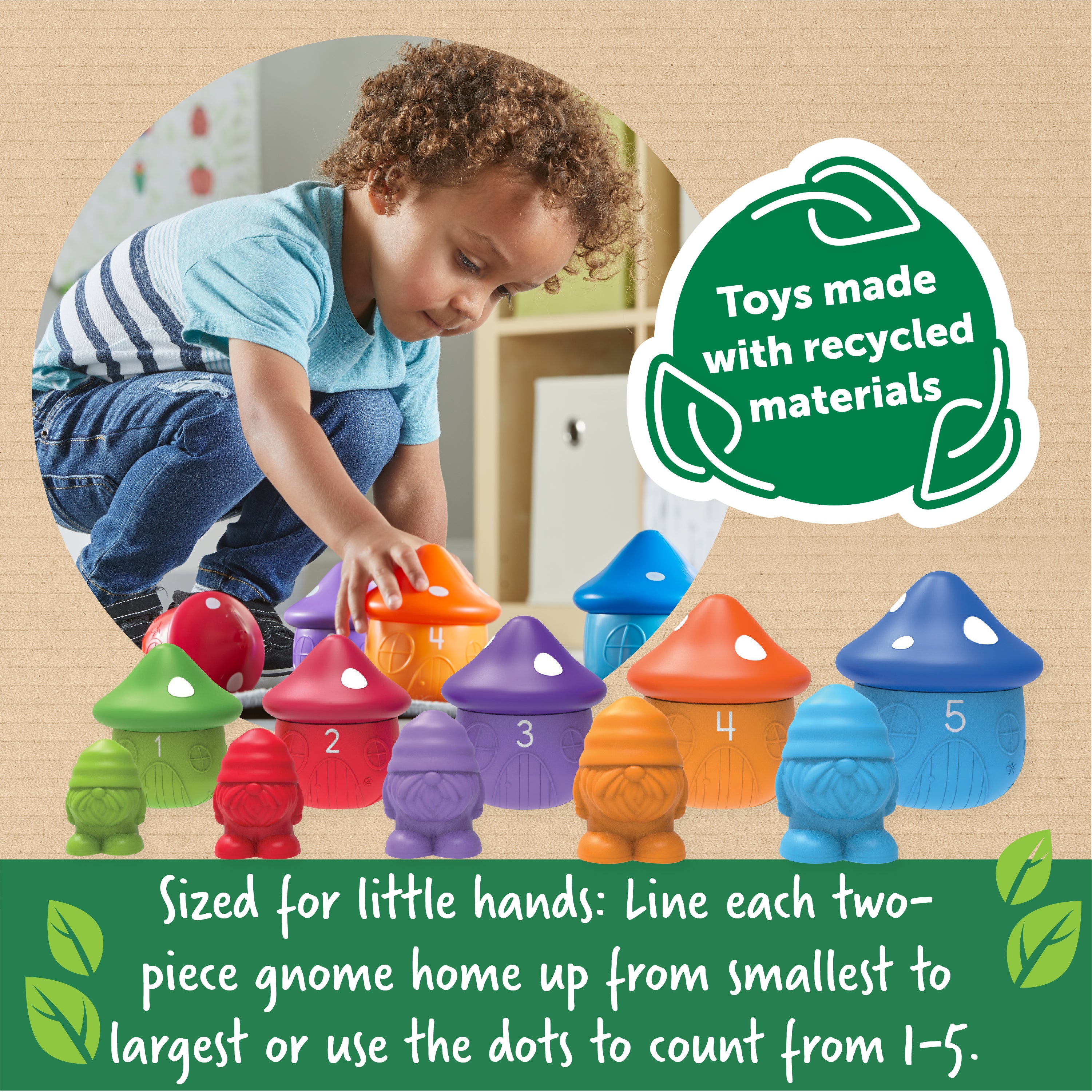 مجموعة ألعاب Peekaboo Gnome Homes، للتلوين والعد وتنمية المهارات الحركية الدقيقة، مع 5 تماثيل قزم ومنازل من فطر عيش الغراب، لعبة تعليمية مستدامة للأطفال الصغار من عمر 18 شهرًا فما فوق