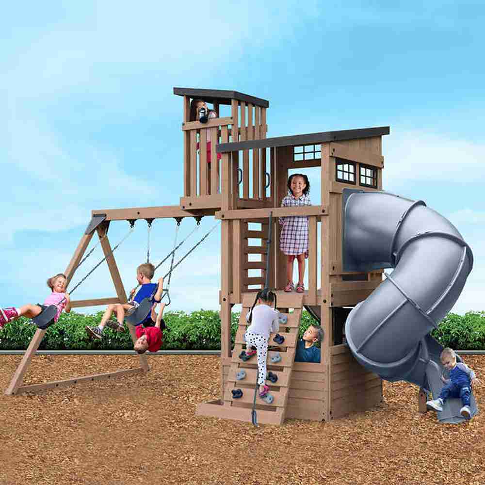 Gorilla Skyline Lookout Wooden Swing Set with Dual Slides, Climbing Wall, Fort, Swings and Trapeze, Outdoor Playset for Kids Ages 3 to 11