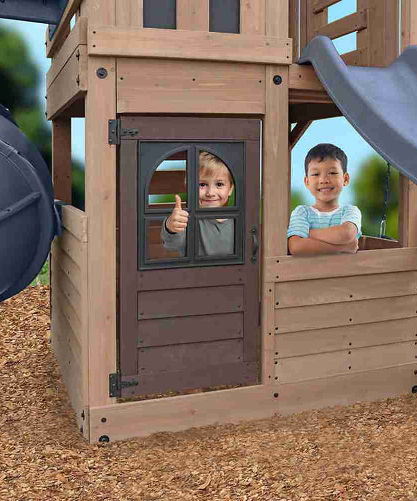 Gorilla Skyline Lookout Wooden Swing Set with Dual Slides, Climbing Wall, Fort, Swings and Trapeze, Outdoor Playset for Kids Ages 3 to 11
