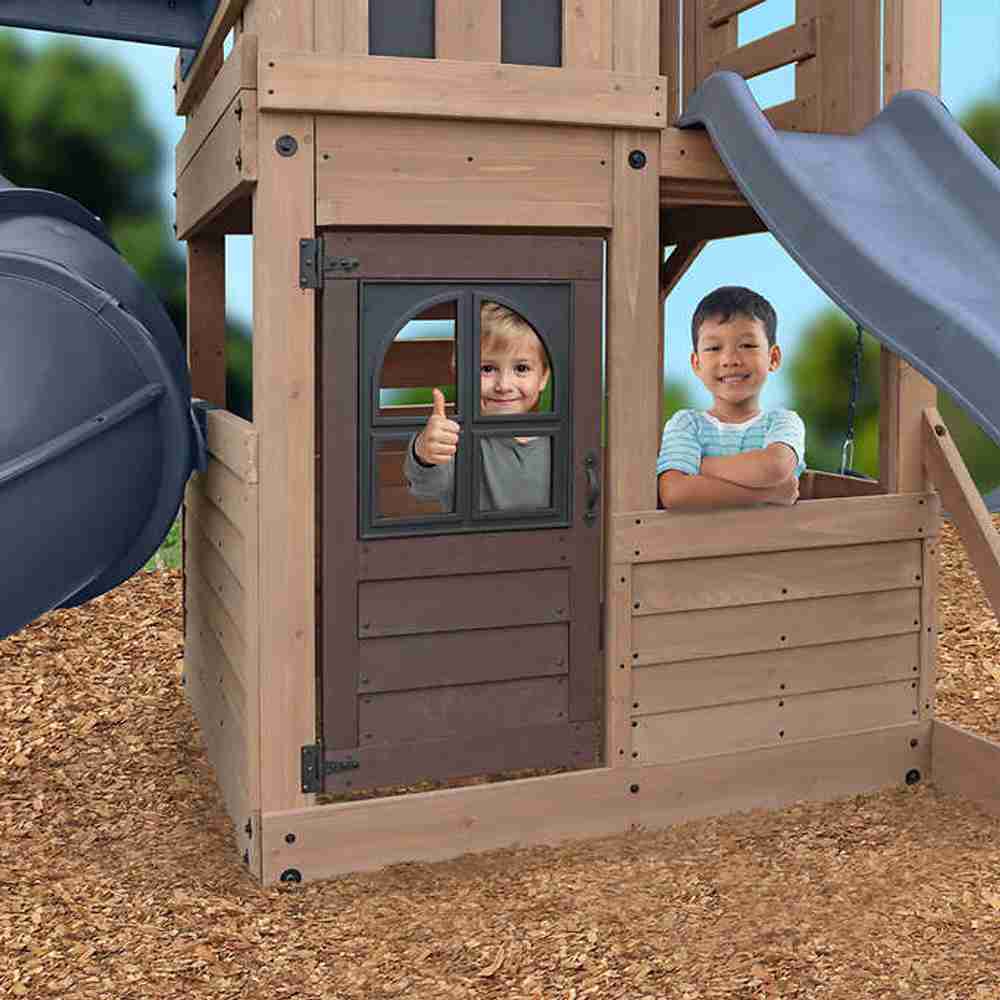 Gorilla Skyline Lookout Wooden Swing Set with Dual Slides, Climbing Wall, Fort, Swings and Trapeze, Outdoor Playset for Kids Ages 3 to 11