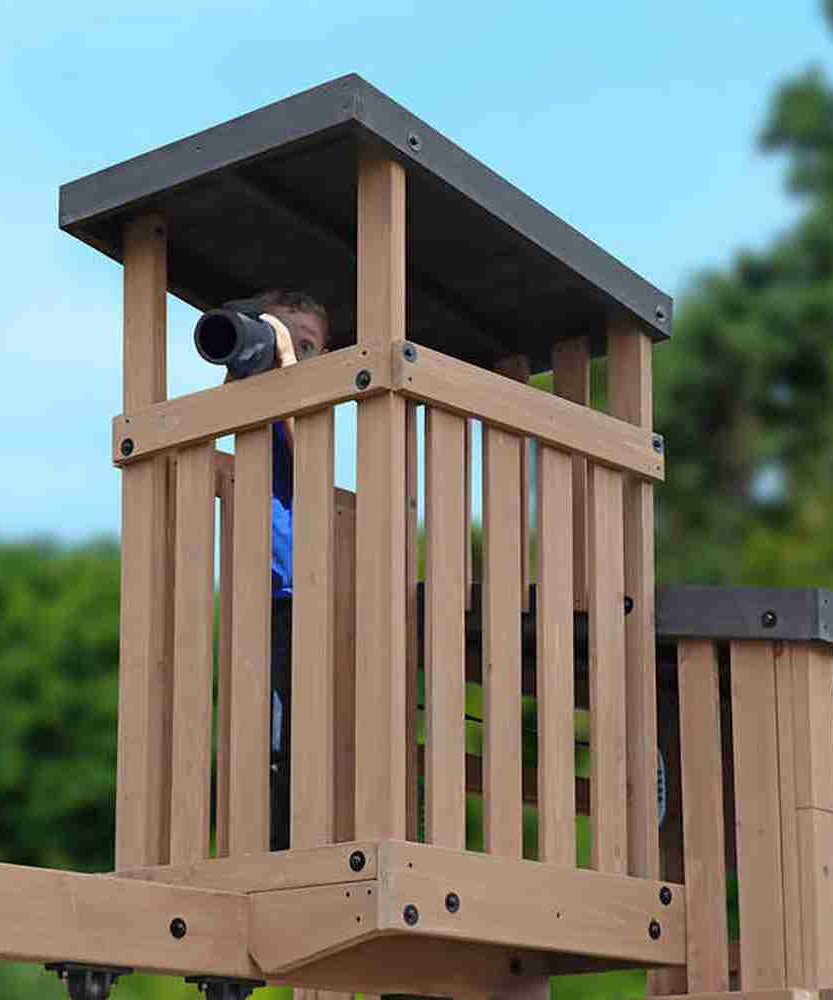 Gorilla Skyline Lookout Wooden Swing Set with Dual Slides, Climbing Wall, Fort, Swings and Trapeze, Outdoor Playset for Kids Ages 3 to 11
