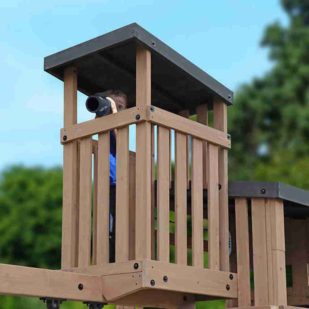 Gorilla Skyline Lookout Wooden Swing Set with Dual Slides, Climbing Wall, Fort, Swings and Trapeze, Outdoor Playset for Kids Ages 3 to 11